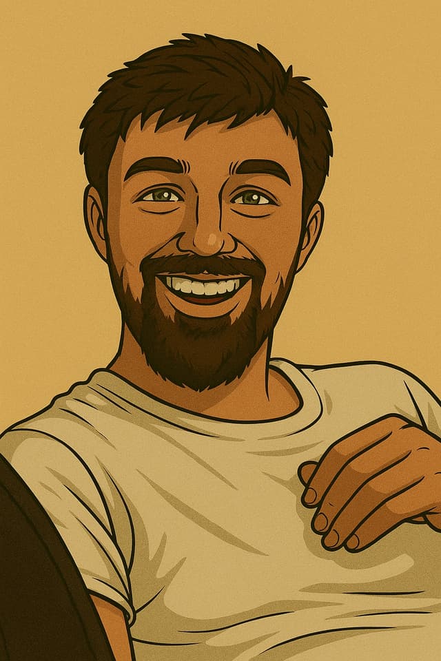 Illustrated portrait of Sam Lyon: a smiling man with a beard wearing a casual t-shirt, rendered in warm-toned animation style